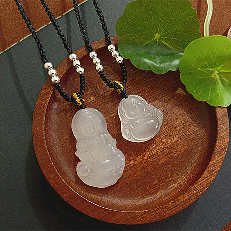 天然玛瑙玉髓观音吊坠玉菩萨项链男儿童小孩白本命年平安玉佩挂件