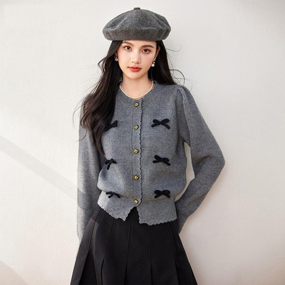 法式慵懒灰色蝴蝶结毛衣开衫