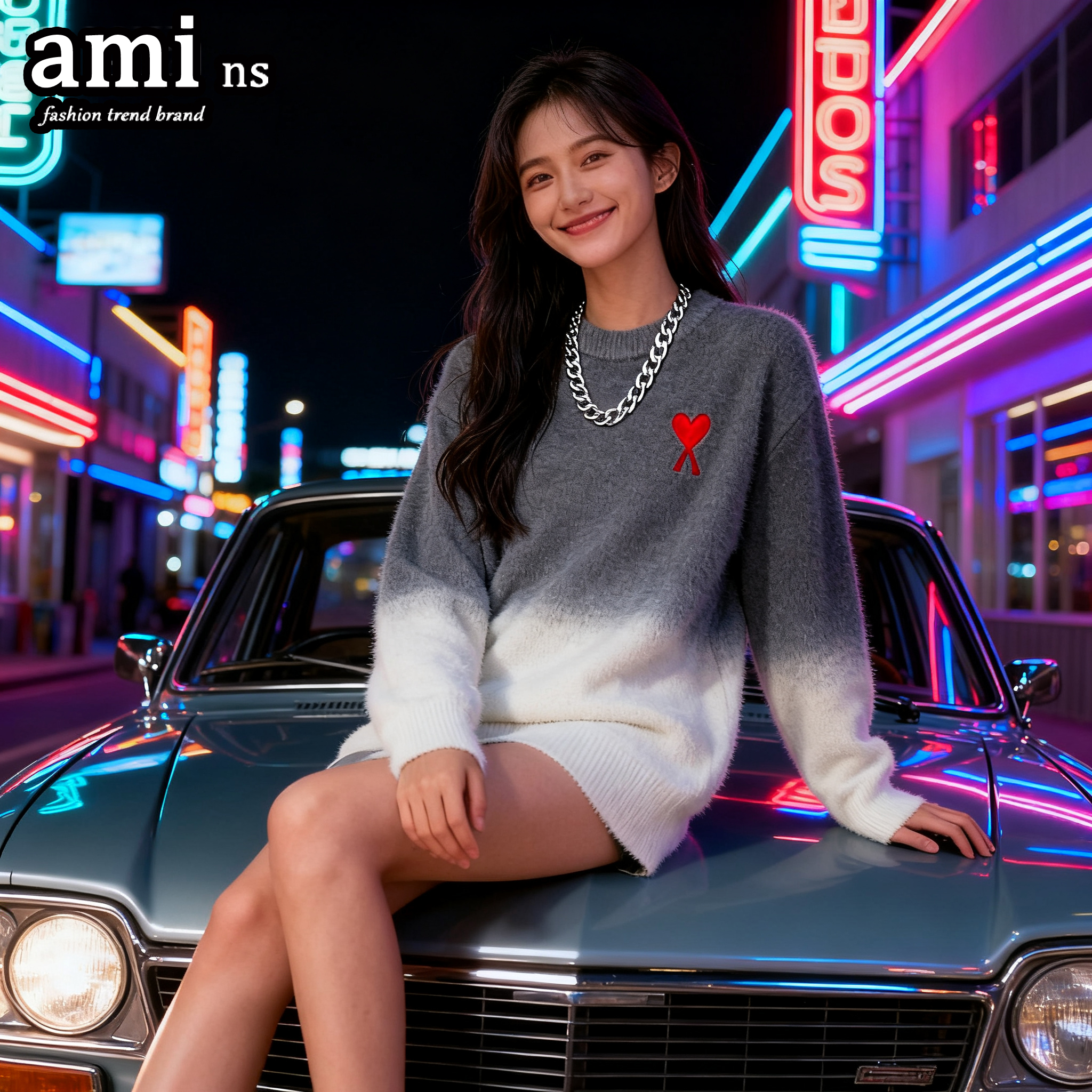 AMI渐变色圆领针织衫女情侣毛衣