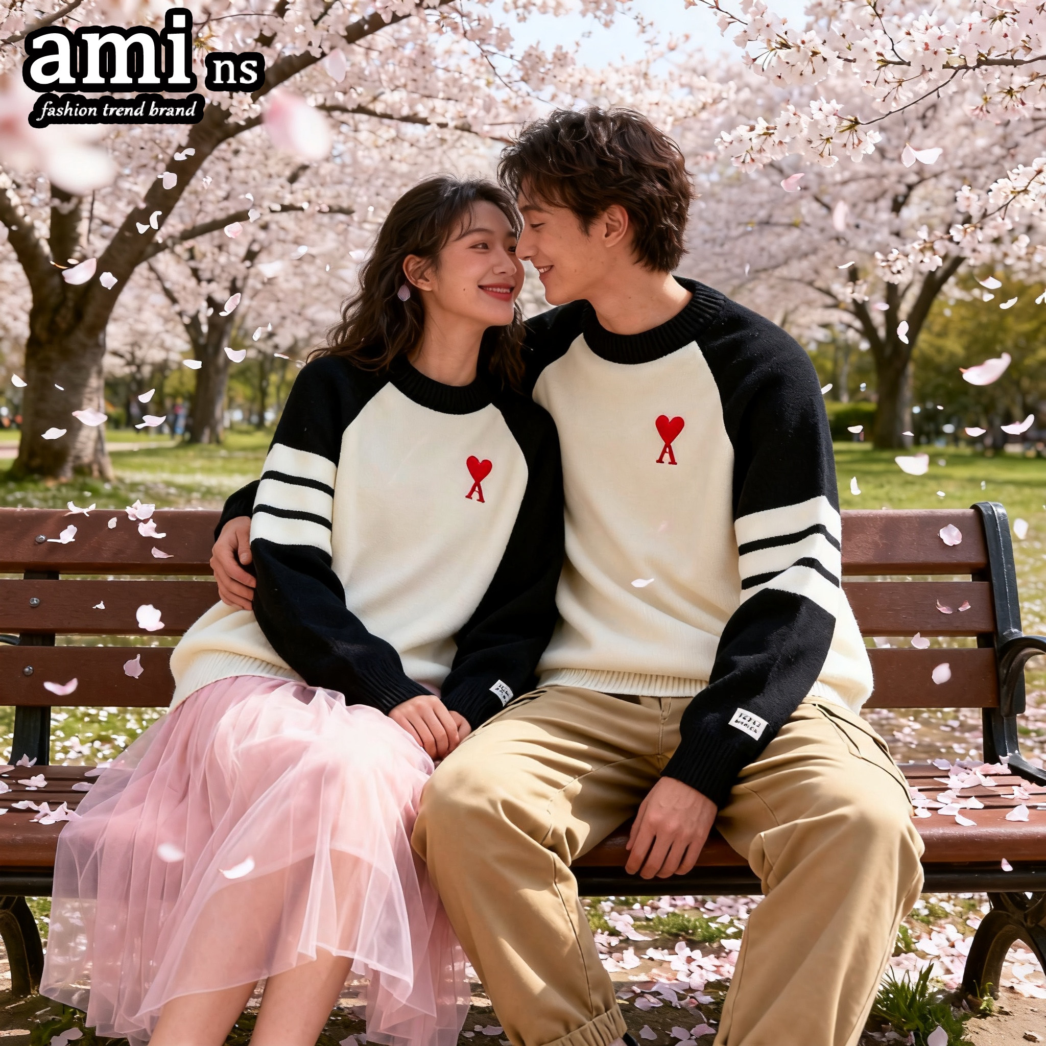 AMI秋冬学院风圆领爱心刺绣毛衣男女情侣围脖条纹打底针织衫上衣