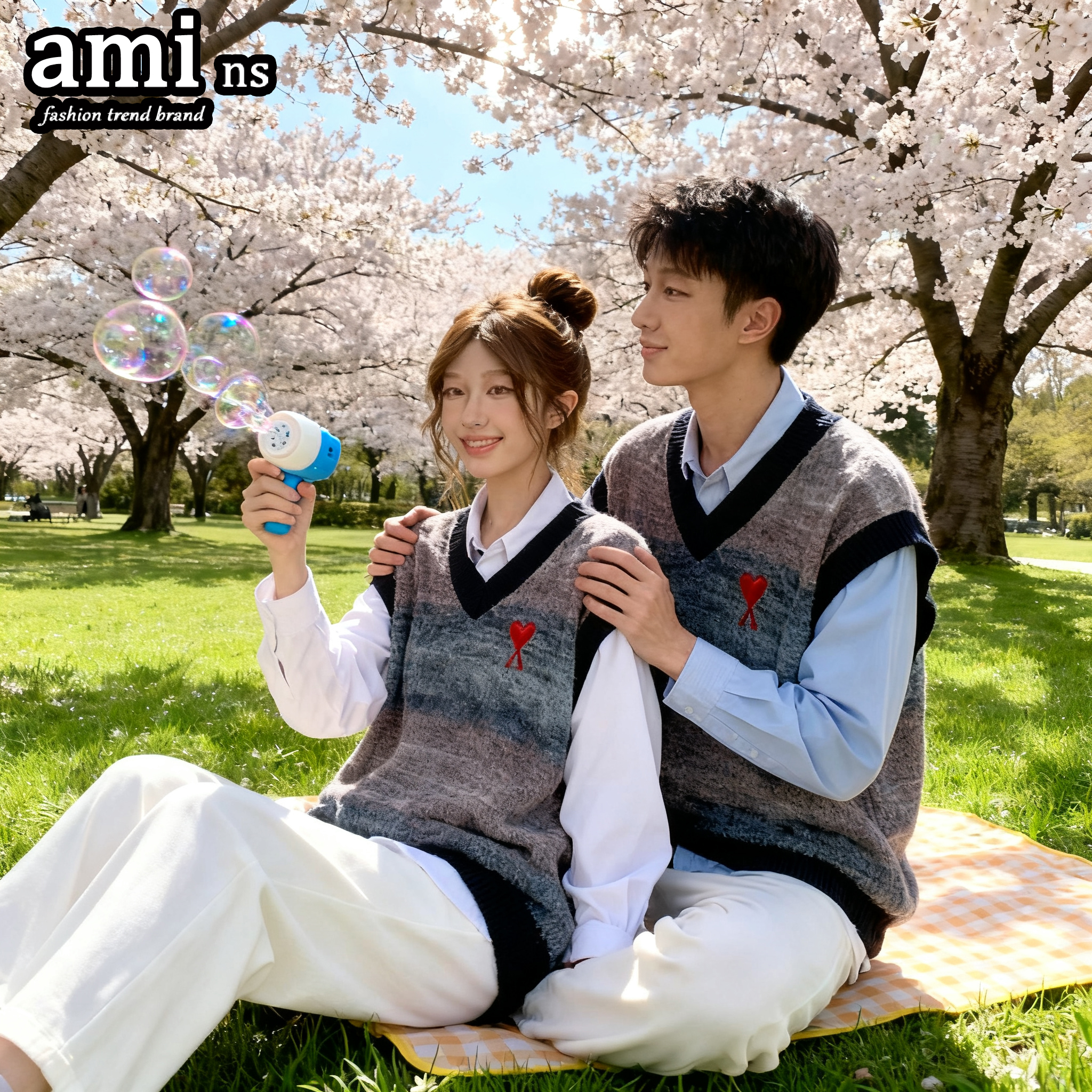 AMI马甲v领毛衫女渐变色针织毛衣