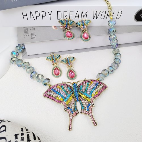 镀真金水晶蝴蝶耳饰项链满钻立体