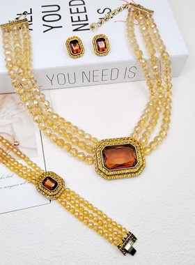 HD91莉杭饰品欧美复古风通透自然橙色方钻满钻吊坠手链耳饰项链