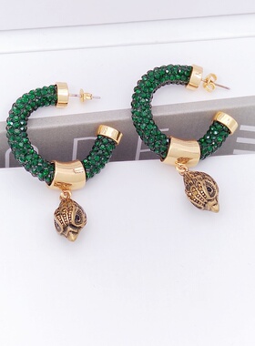 莉杭饰品KGL精致复古风墨绿色环形镶钻搭配鹰头吊坠时尚独特耳环