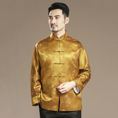高端中老年唐装 男中式 真丝香云纱春秋外套中国风立领盘扣休闲上衣