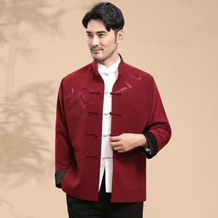 唐装男中青年长袖外套中式复古宽松立领盘扣秋冬中国风红色上衣