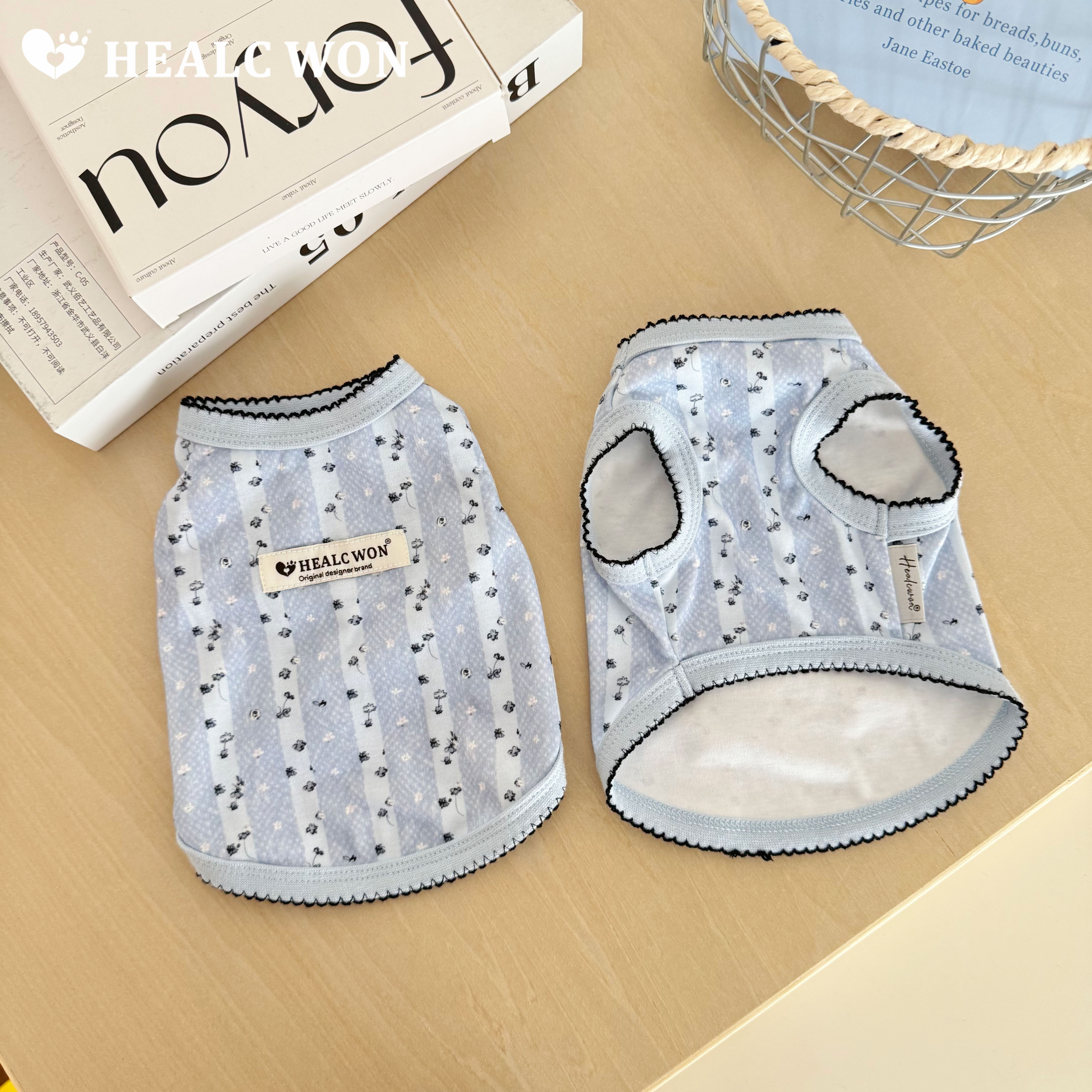 HC原创宠物衣服蓝黑碎花ins风撞色花边猫咪狗狗纯棉背心抗菌防螨