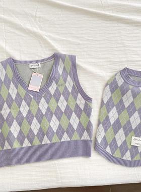 HC原创宠物猫狗人宠亲子装针织马甲毛衣学院紫色菱形格不起球女装