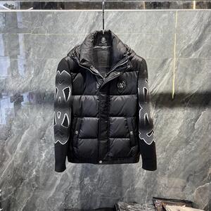欧货潮牌个性连帽针织袖拼接羽绒服男士2023冬季字母印花修身外套
