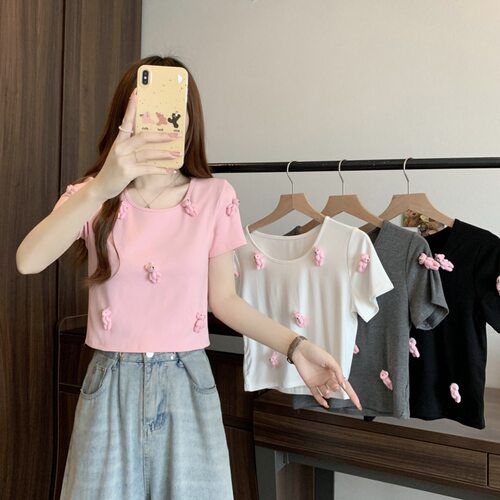 2024新款夏季可爱出片立体小熊短袖女小众龄少女感修身显瘦短款衣