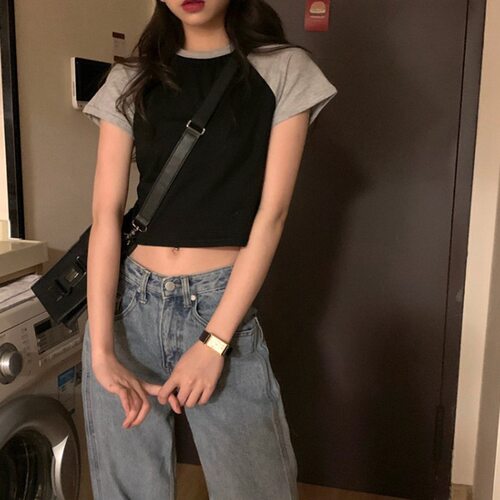 休闲慵懒撞色短袖韩版高腰显高显瘦百搭学生上衣露脐短款辣妹上衣