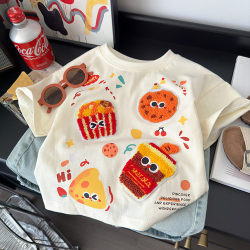 儿童夏季卡通动漫毛巾绣短袖T恤