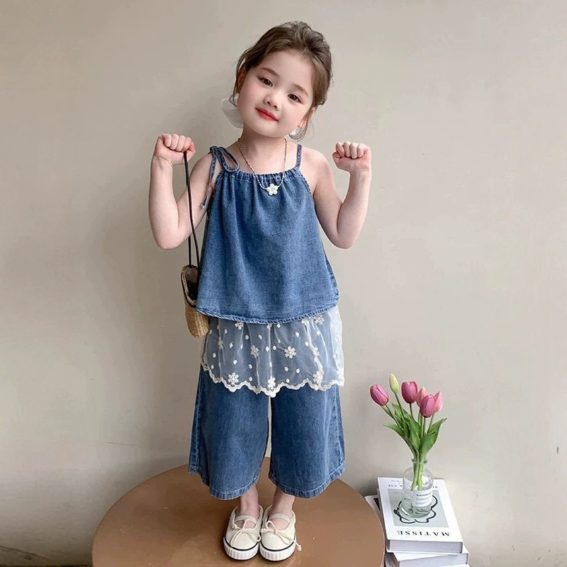 女童薄款牛仔套装2025夏季新款吊带屁帘阔腿裤二件套女孩甜美