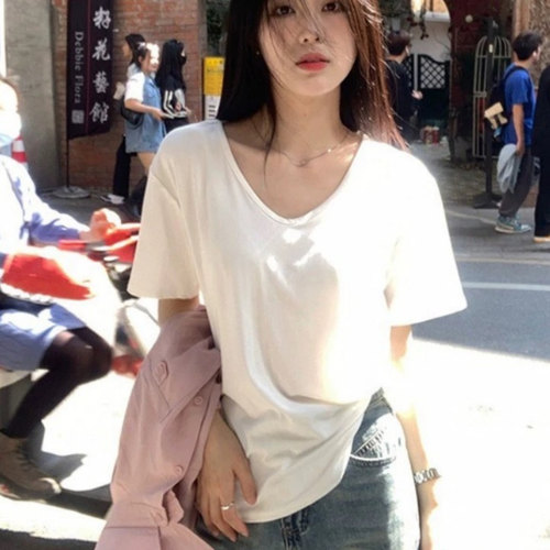 短袖简约常规白色纯棉女V领正肩
