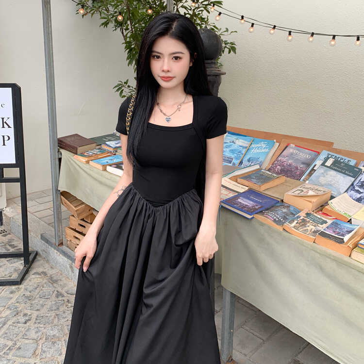 赫本风小众设计方领针织拼接长裙连衣裙