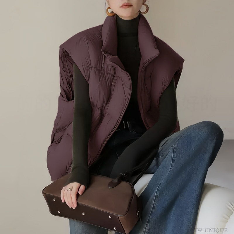 胖MM女士冬季韩版时尚设计感纯色双拉链棉服马甲大码百搭立领棉衣