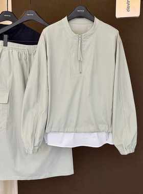 大码夏季新款休闲长袖棒球服胖MM显瘦半身裙套装女装学院风两件套
