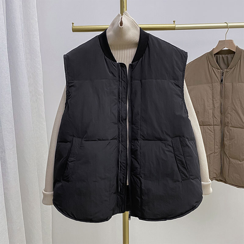 韩系休闲百搭棒球领棉马甲女秋冬外穿洋气宽松加厚无袖坎肩外套潮