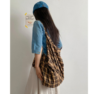 复古黄格子多形态帆布大容量单肩斜挎双肩包慵懒风休闲简约时尚包