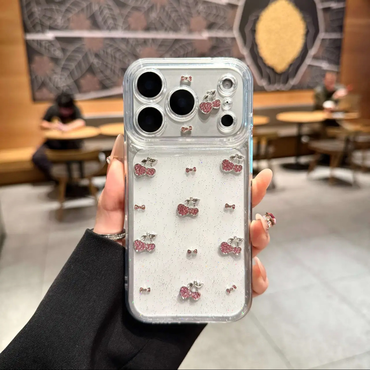 粉色樱桃水钻适用苹果17promax 16手机壳oppoReno16 15华为pura80小米17 vivox300 s50荣耀500红米note15一加
