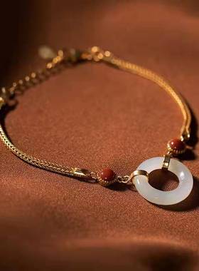 天然精品白玉平安扣手链复古中国风民族风镀金个性女士高级感手串