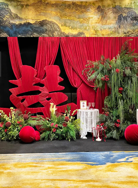订婚宴布置装饰韩系简约氛围感场景可定制红色背景墙KT板全套摆台