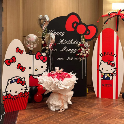 HelloKitty主题生日气球布置女孩周岁宴装饰场景凯蒂猫背景墙kt板