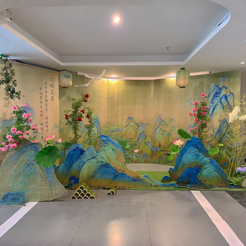 小红书同款复古千里江山新中式订婚宴场景布置婚礼背景订婚宴kt板