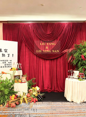 韩系订婚布置装饰红色布幔背景墙场景kt板一整套高级感摆件台全套