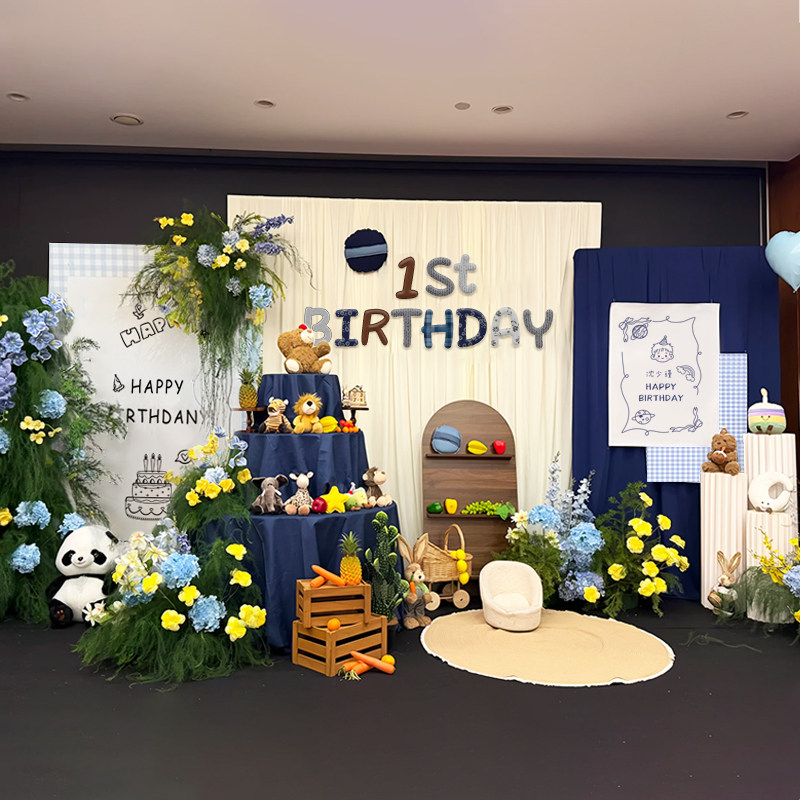 韩系一周岁礼生日布置场景装饰男宝宝宴ins风氛围感蓝色背景墙kt