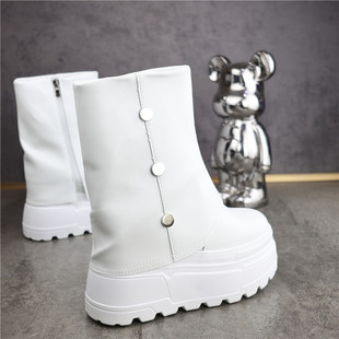 超高15cm白色厚底高帮鞋女冬加绒内增高小个子金属扣装饰显瘦短靴