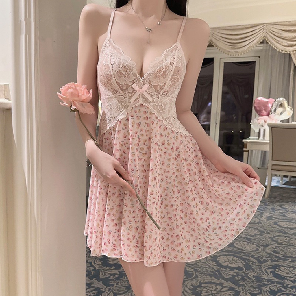 性感睡衣女士2025新款夏季纯欲风蕾丝网纱大码碎花吊带睡裙套装
