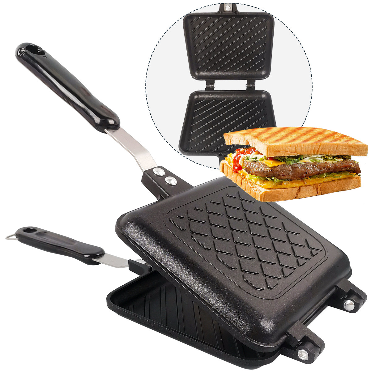 双面不粘煎烤三明治烤盘吐司平底锅牛排煎锅早餐锅不粘涂层早餐锅