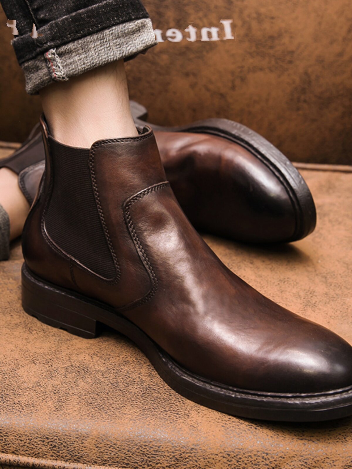 CHELSEA BOOTS MENS ANKLE BOOTS LEATHER BRITISH STYLE MENS HIGH-TOP LEATHER SHOES WINTER VELVET VERSATILE TREND MARTIN BOOTS MEN