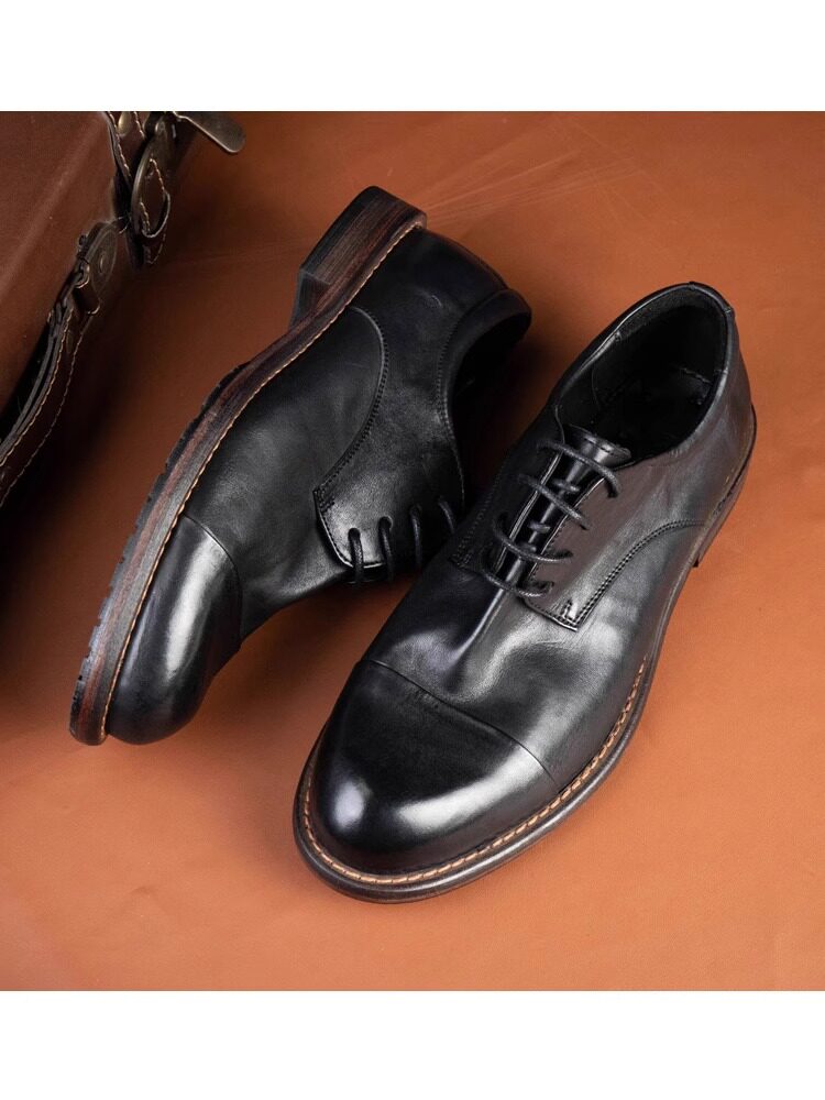 BRITISH LEATHER RETRO SOFT LEATHER HORSESKIN CASUAL SHOES THREE-JOINT ROUND TOE BUSINESS FORMAL LEATHER SHOES MENS WEDDING SHOES DERBY SHOES