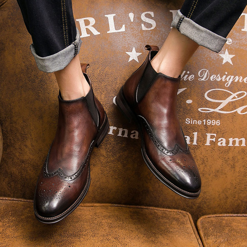 WINTER FLEECE SLEEVE LEATHER BOOTS MENS GENUINE LEATHER CHELSEA BOOTS MENS ANKLE BOOTS MID-TOP ENGLAND BULLOCK VERSATILE MARTIN