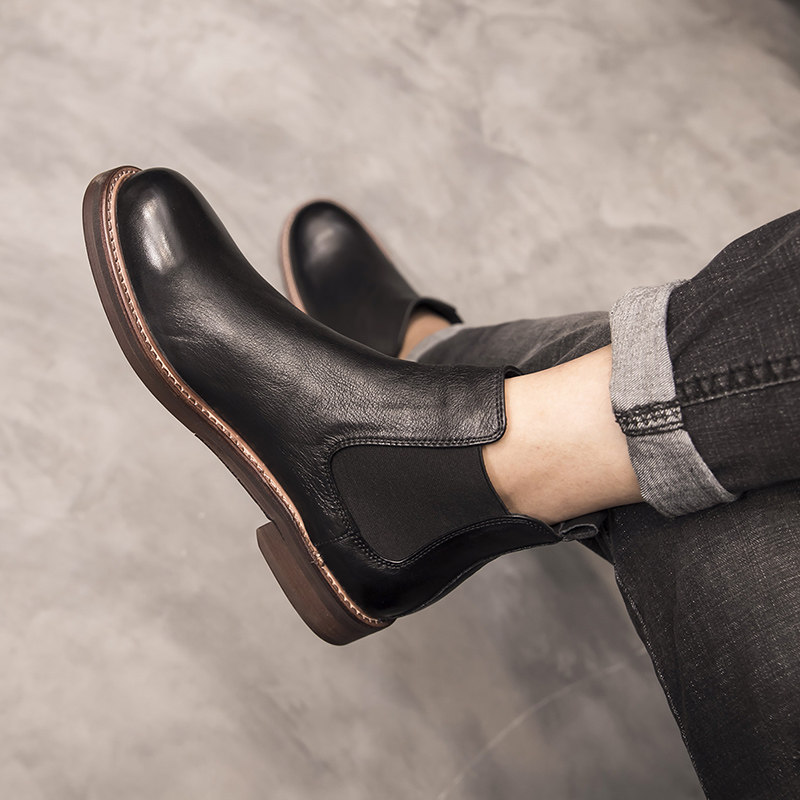 CHELSEA BOOTS MENS HIGH-TOP GENUINE LEATHER WINTER NEW BRITISH STYLE LEATHER BOOTS MID-TOP FASHION TREND SOFT LEATHER MARTIN BOOTS MEN