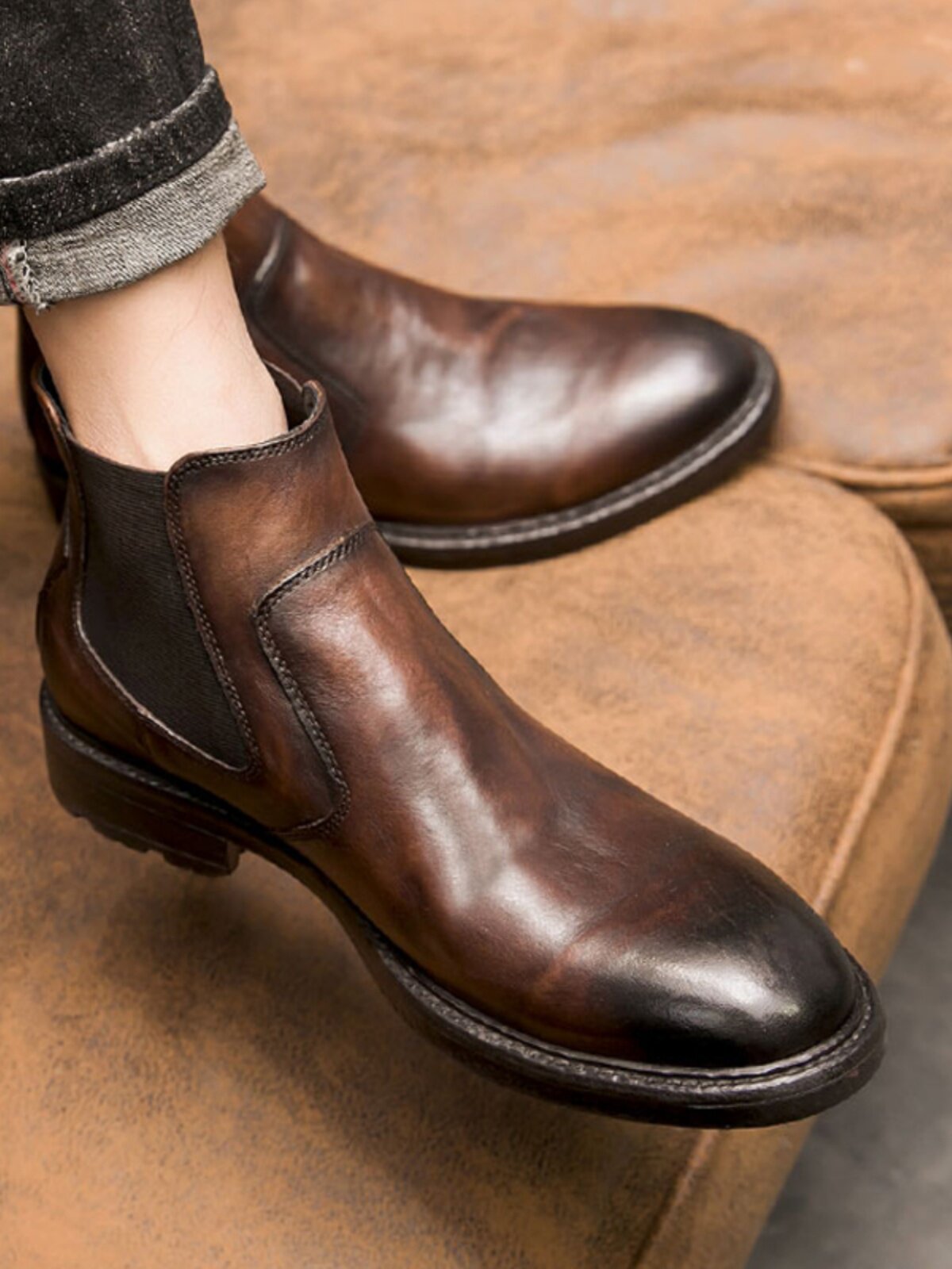 CHELSEA BOOTS MENS ANKLE BOOTS LEATHER BRITISH STYLE MENS HIGH-TOP LEATHER SHOES WINTER VELVET VERSATILE TREND MARTIN BOOTS MEN