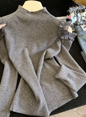 耳边露肩毛衣601153-2新款蕾丝花边高领针织衫洋气设计上衣打底