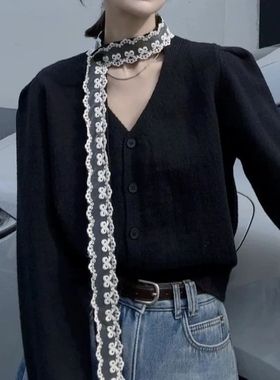 高级感蕾丝飘带601095-2针织衫V领毛衣开衫新款打底长袖上衣
