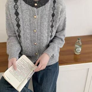 韩系圆领复古601155-2菱格提花针织开衫上衣2025秋冬新款学院