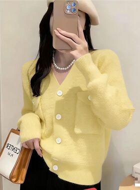 设计圣诞香风512150-1纯色新款秋季小众宽松波浪高级红色针织开衫