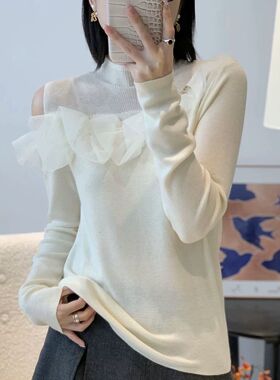 2025秋冬新款512422-2时尚高领露肩拼接针织荷叶显瘦打底针织衫