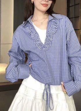 设计蓝色小众510040长袖衬衫格子新款衬衣收腰百搭显瘦休闲上衣