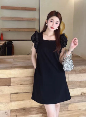 【欧货赫本风】505017-2夏季方领钉标气质减龄显瘦花边袖连衣裙潮