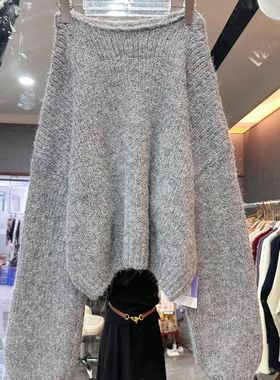 针织新款高级511245-4短款灰色2025宽松秋冬慵懒针织衫毛衣长袖