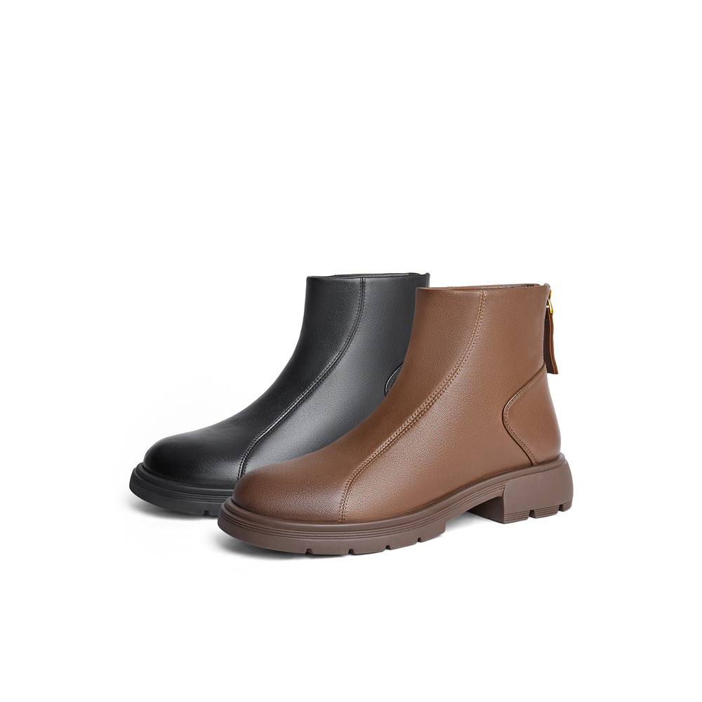 森达舒适弹力靴女2024冬季小羊皮复古休闲时装短筒皮靴ZTE01DD4