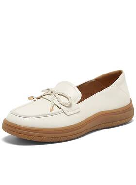 百思图2025春季商场新款牛皮通勤乐福鞋厚底女蝴蝶结单鞋VWH23AA5