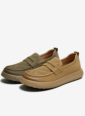 百思图2025夏新款打孔透气商务乐福鞋厚底圆头男休闲皮鞋58851BM5