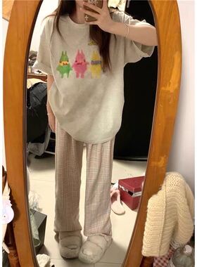 ins超火套装女夏季浅灰色短袖上衣宽松韩版休闲格子长裤子两件套